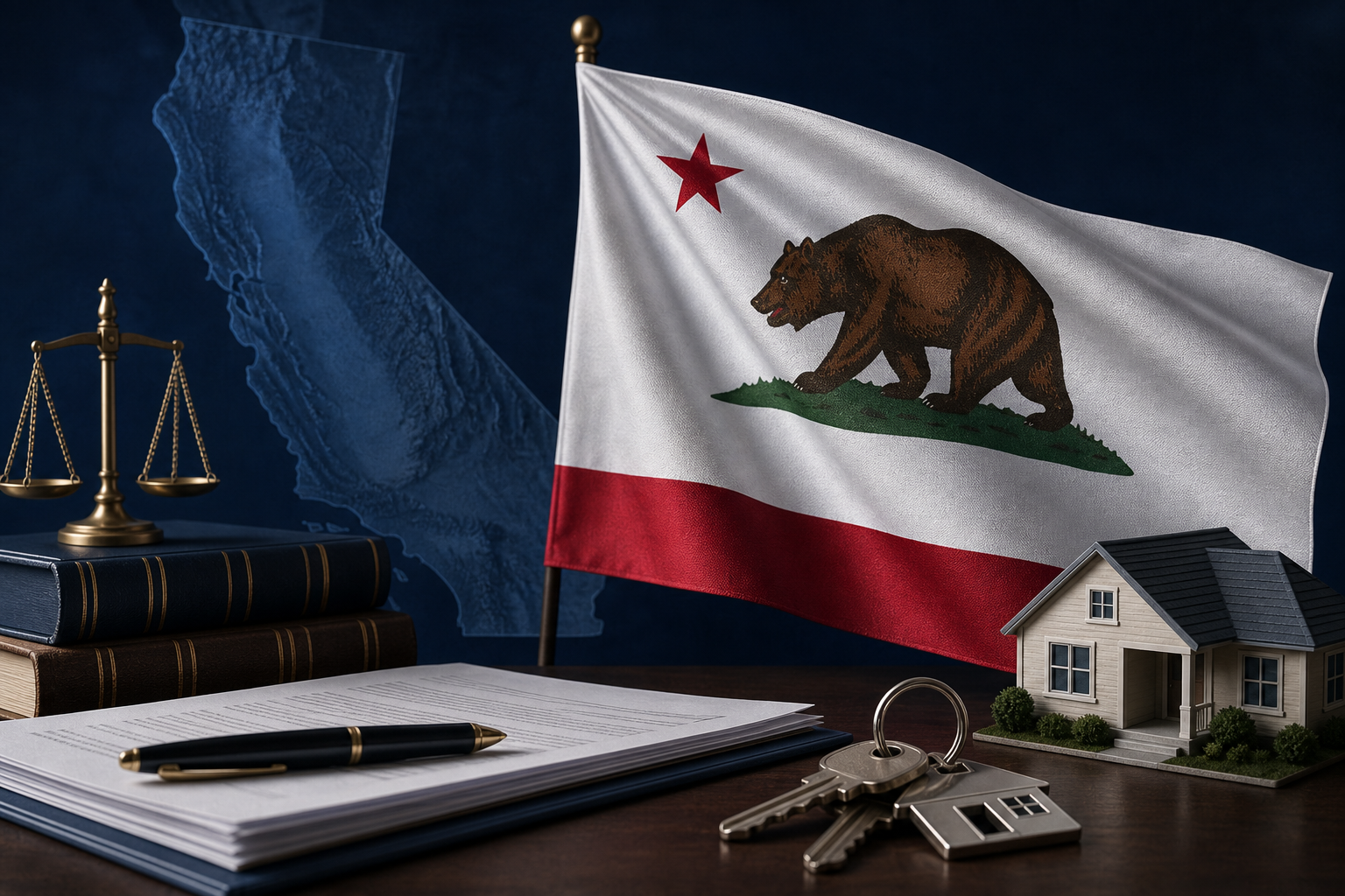 California state flag with exit tax and residency planning theme