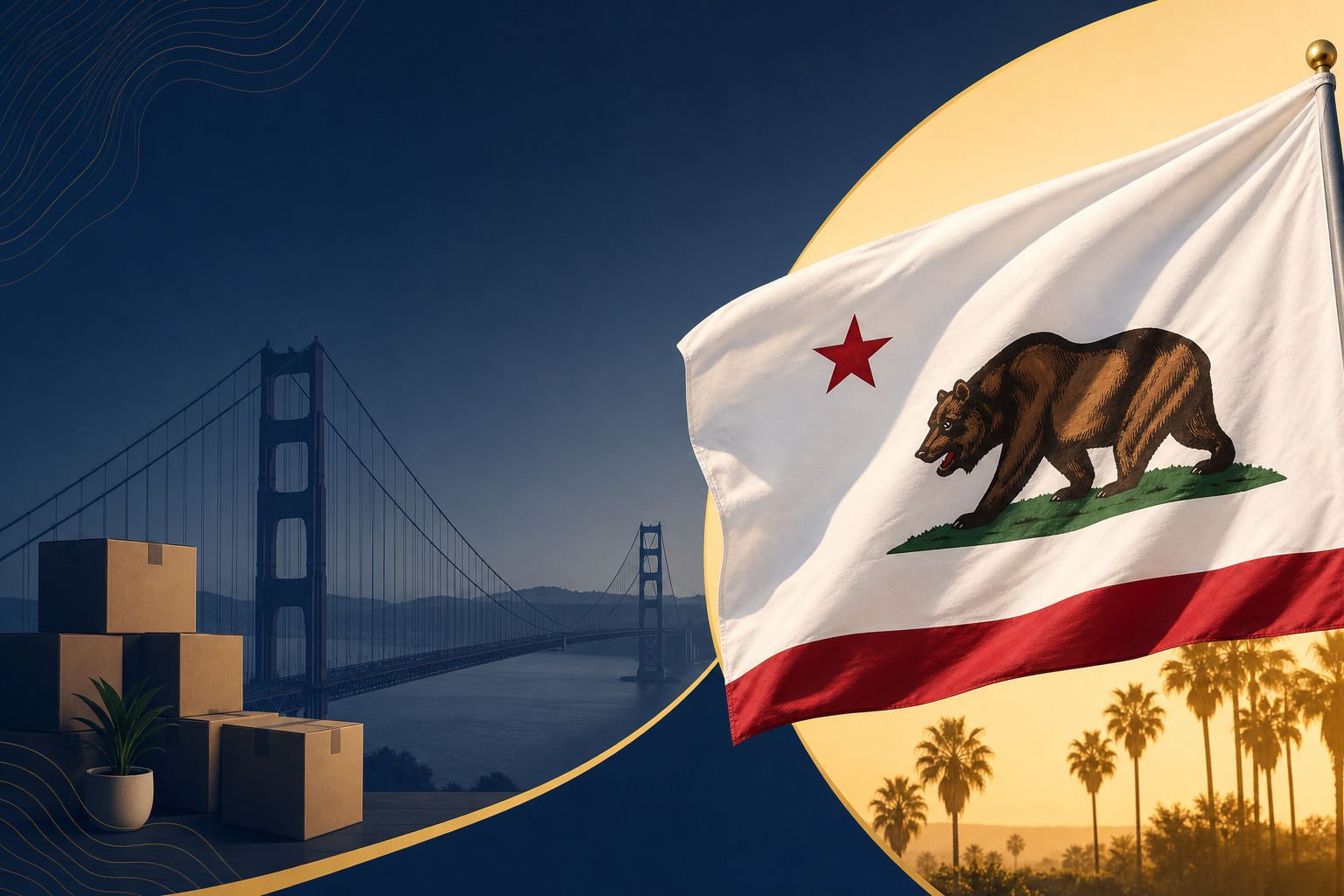California state flag with relocation and tax savings theme