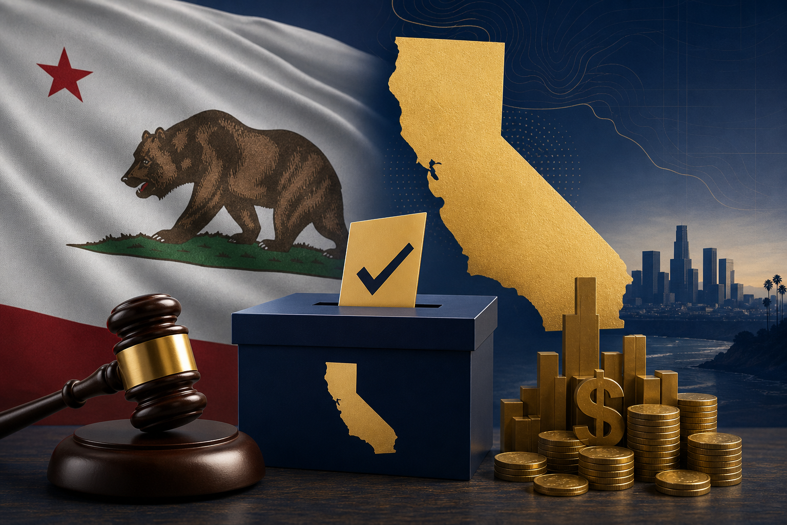California state flag with pending wealth tax ballot theme