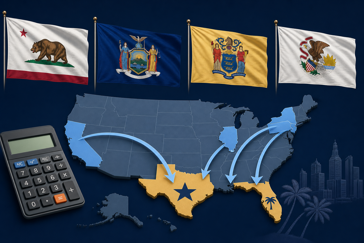 Flags of California, New York, New Jersey, and Illinois with relocation savings comparison