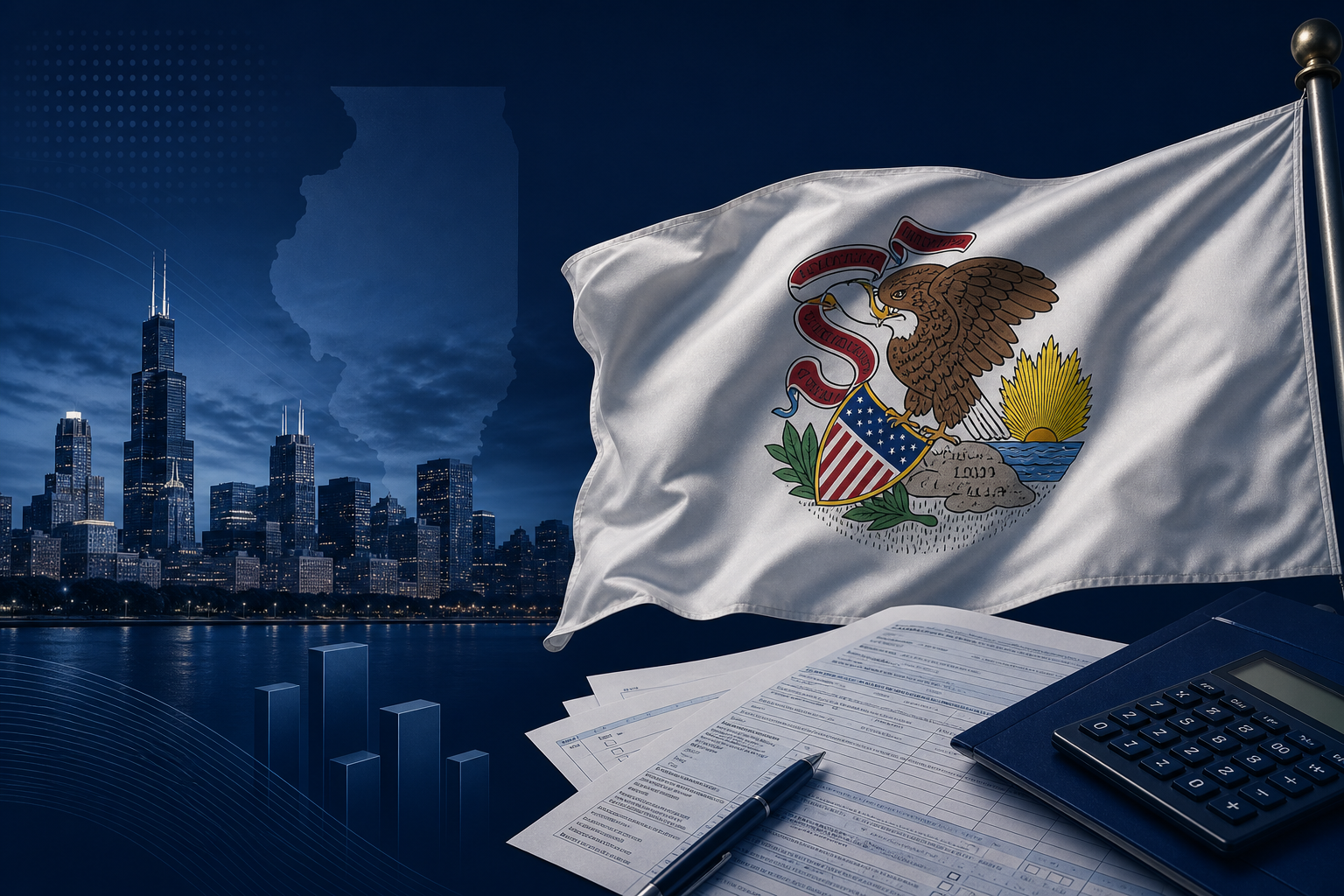 Illinois state flag with exit tax and residency theme