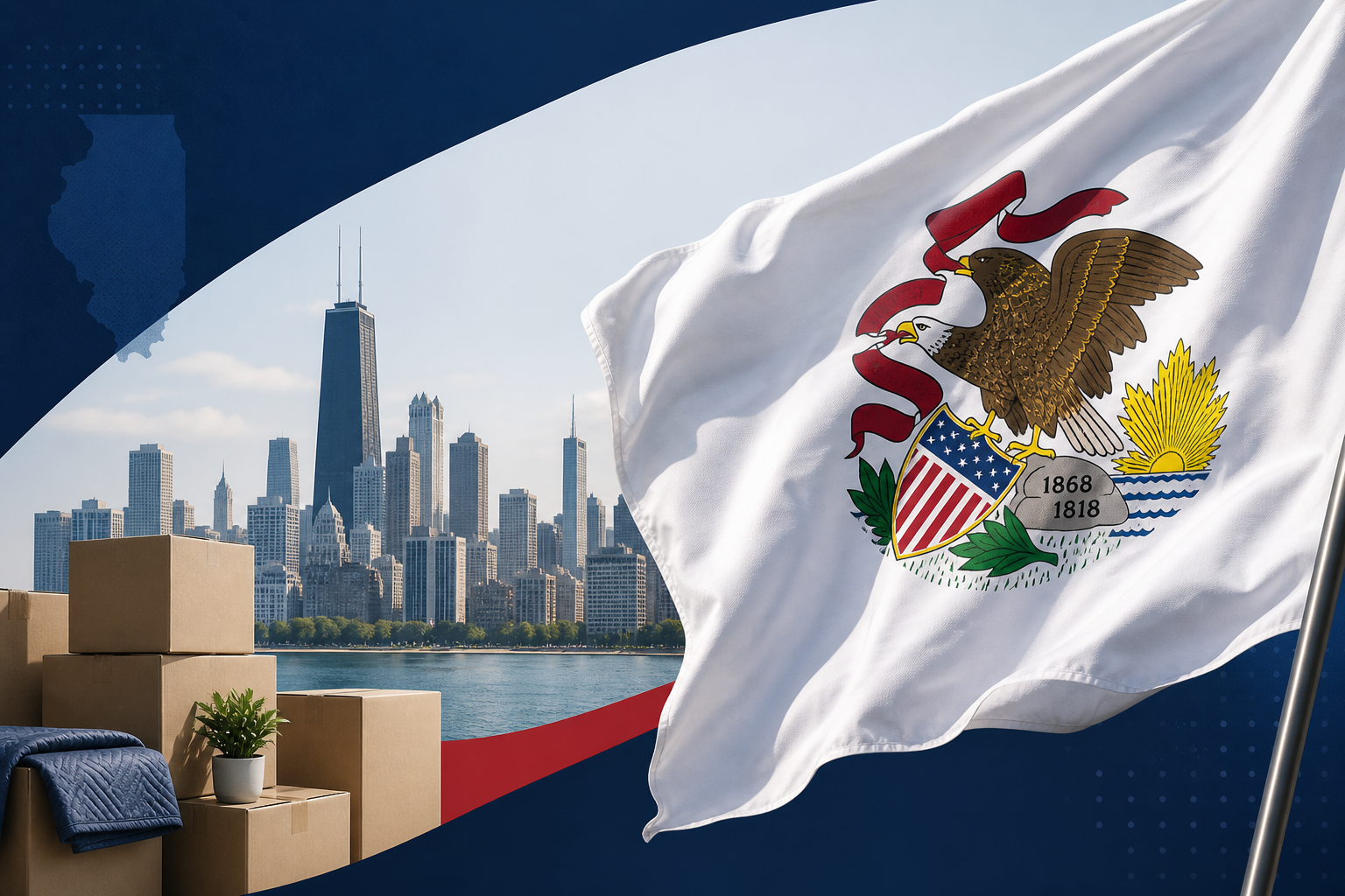 Illinois state flag with Chicago relocation theme