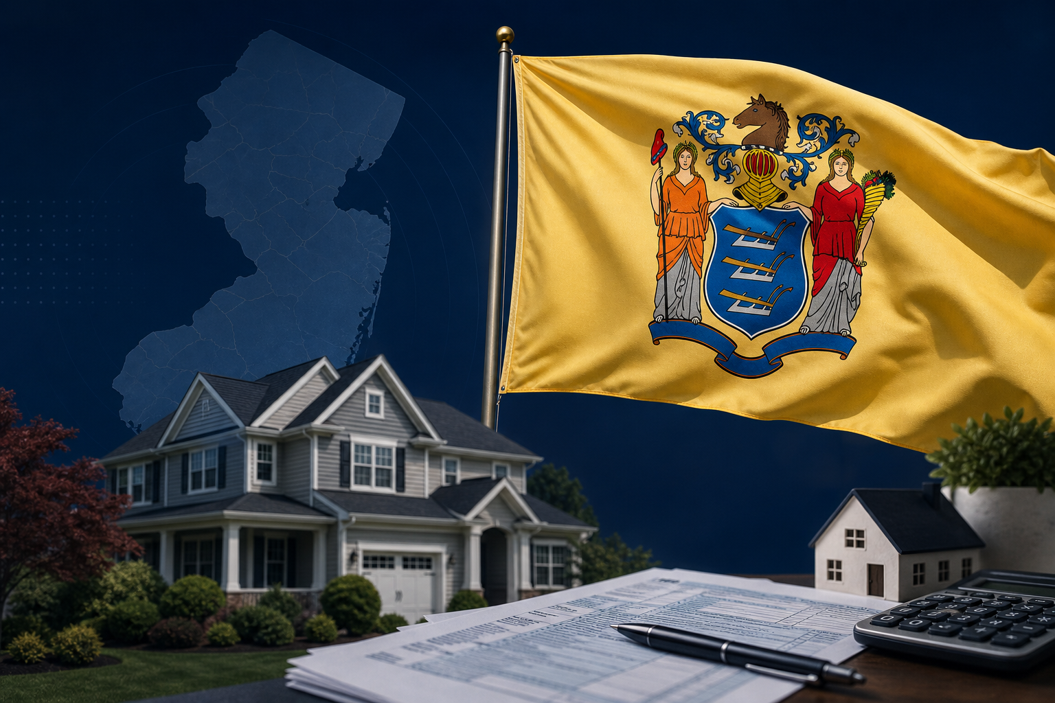 New Jersey state flag with exit tax and residency theme