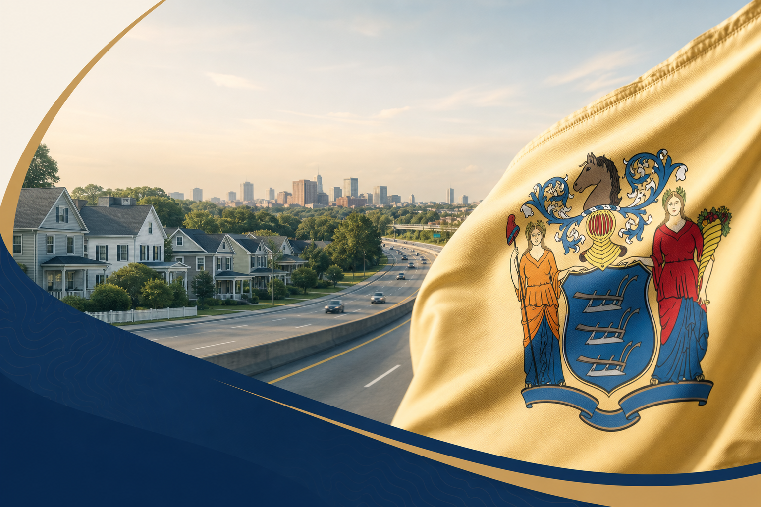 New Jersey state flag with relocation and property tax theme