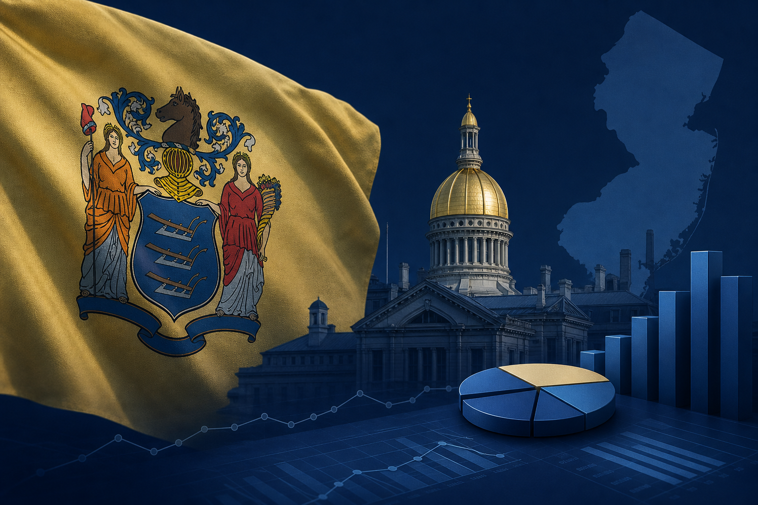 New Jersey state flag with pending tax proposals theme