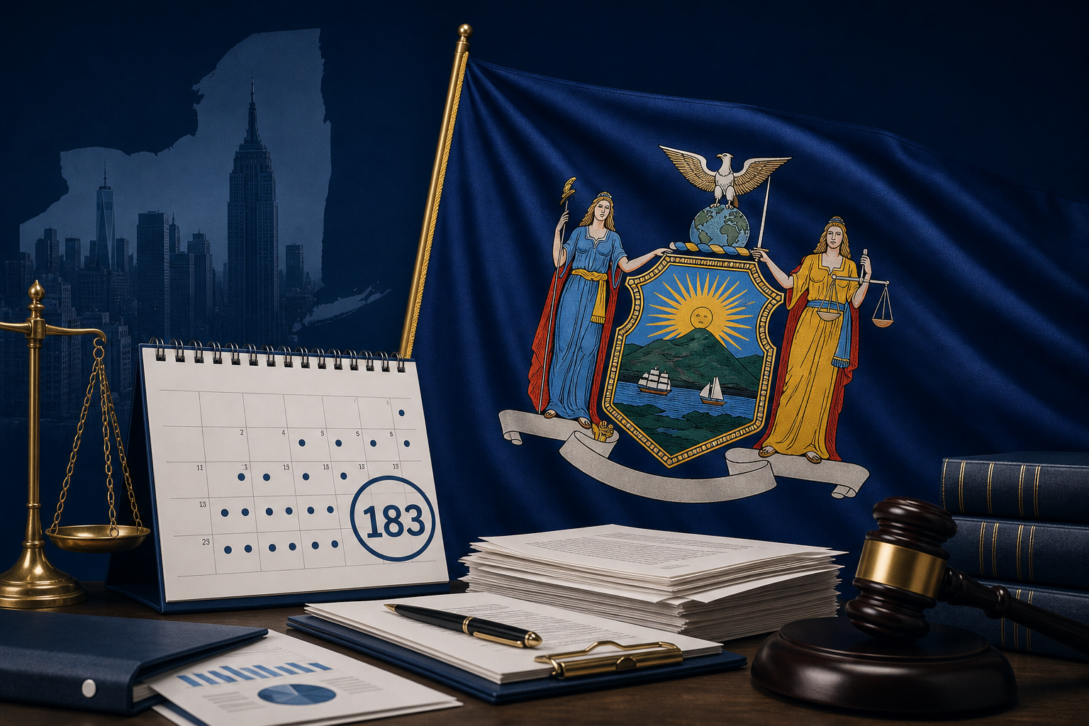 New York state flag with NYC residency and exit tax theme