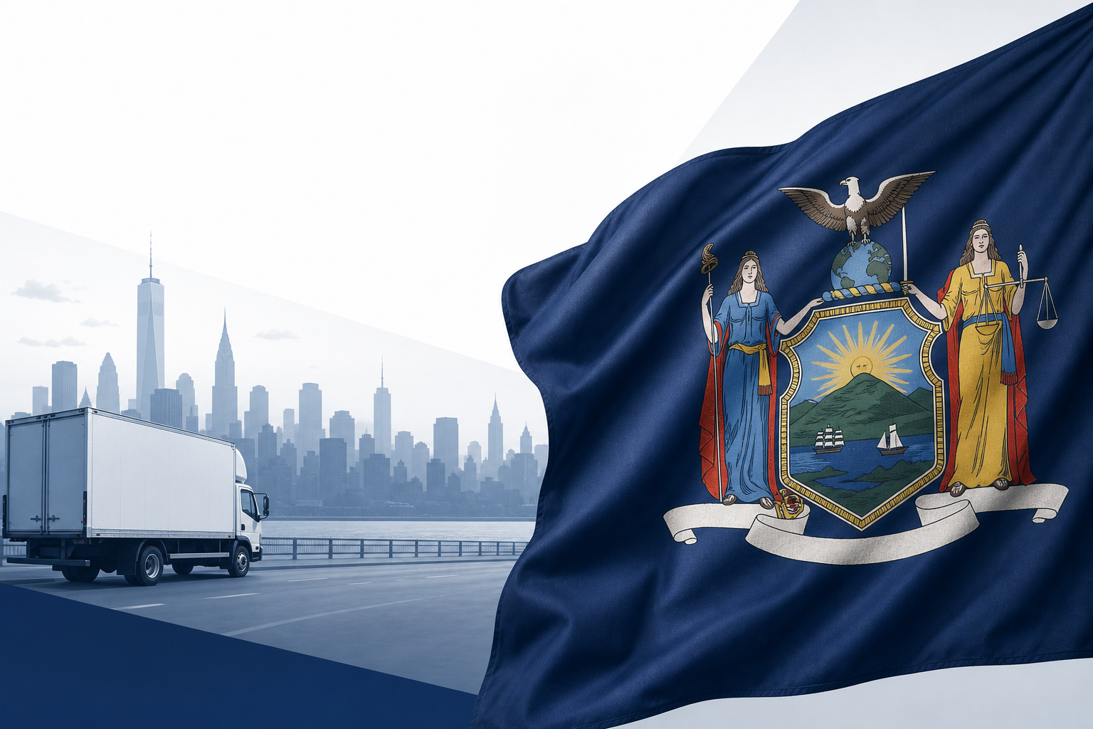 New York state flag with NYC tax and relocation theme