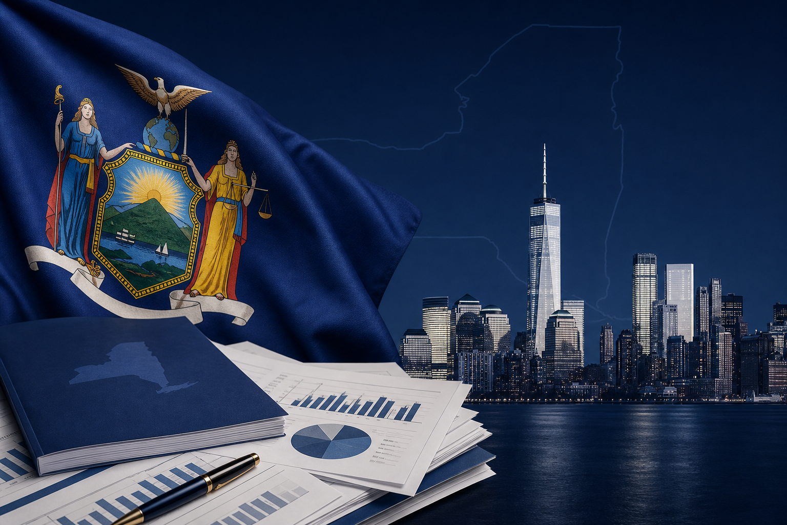 New York state flag with pending tax proposals theme